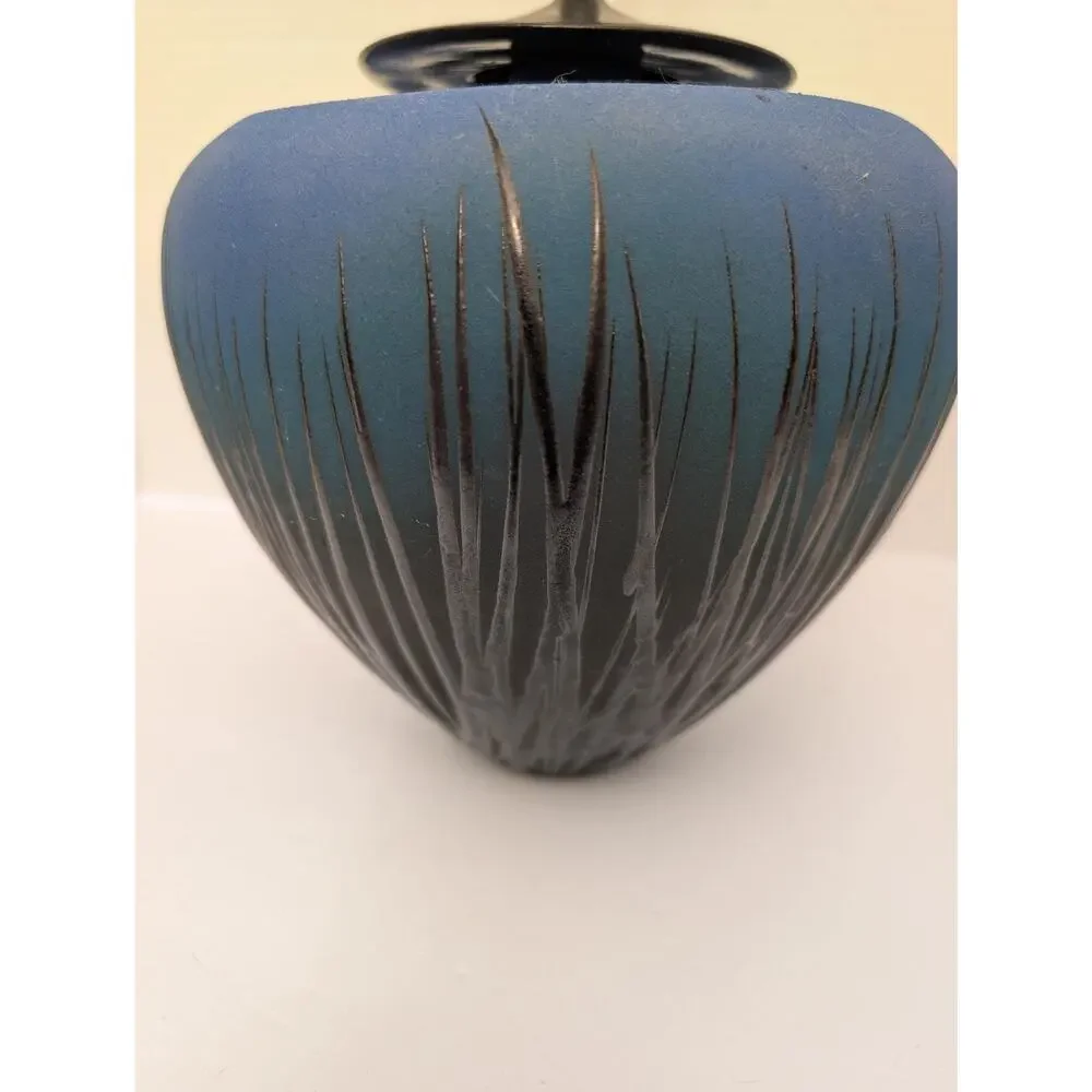 Modernist Studio Art Pottery Lidded Vessel Ombre Blue Sgraffito Grass Tall